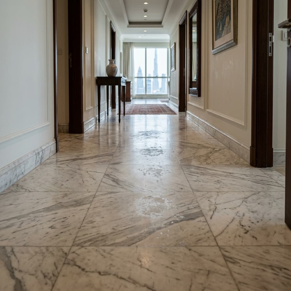 Downtown Dubai apartment before restoration — Etched, dull marble ground and polished back to a high-gloss finish.