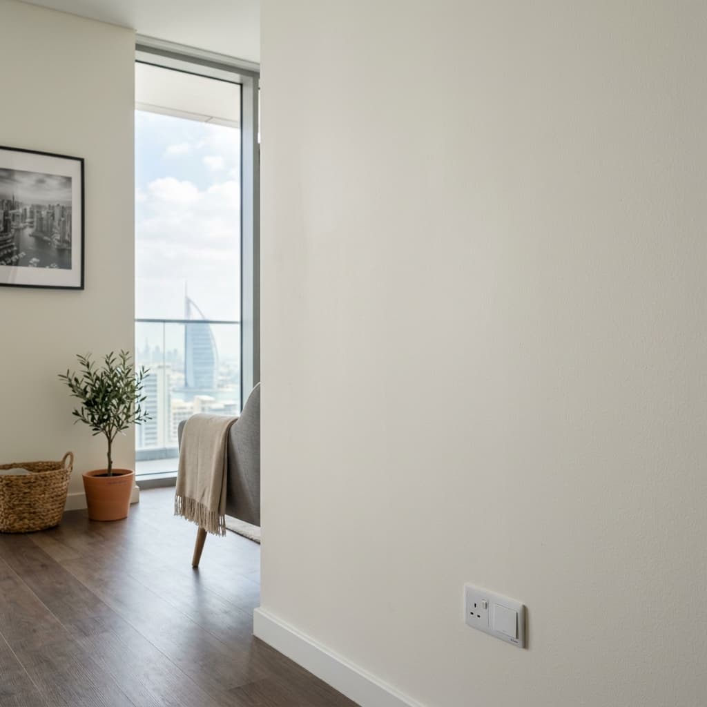 Dubai Marina apartment after restoration — Scuffed, marked walls repainted to the original handover shade.